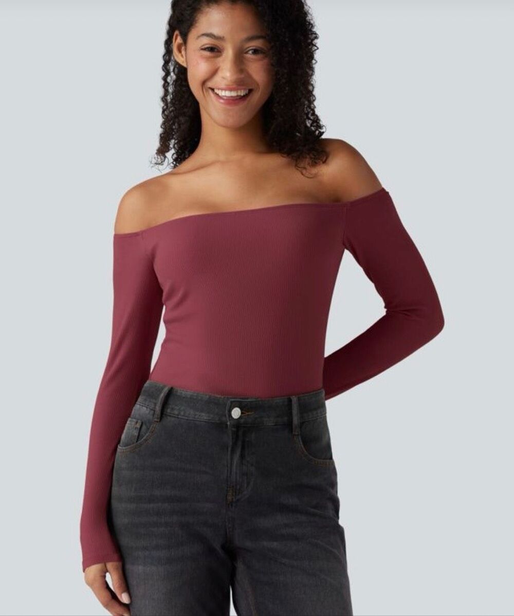 NWT Ribbed Knit Off Shoulder Long Sleeve 2-in-1 Casual Top, XS $35 Ruby wine